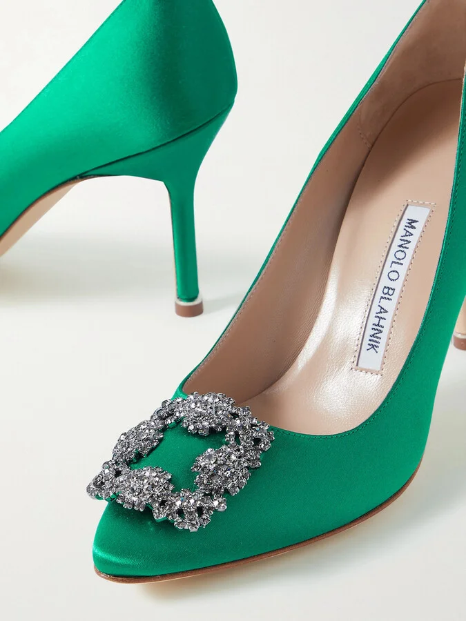 Manolo Blahnik - Hangisi 90 Crystal-embellished Satin Pumps - Green - Image 4