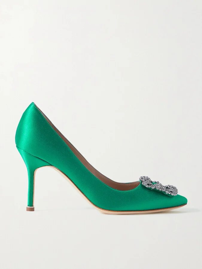 Manolo Blahnik - Hangisi 90 Crystal-embellished Satin Pumps - Green