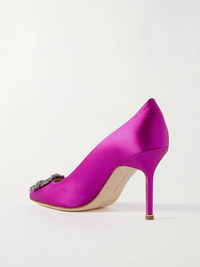 Manolo Blahnik - Hangisi 90 Crystal-embellished Satin Pumps - Purple - Image 3