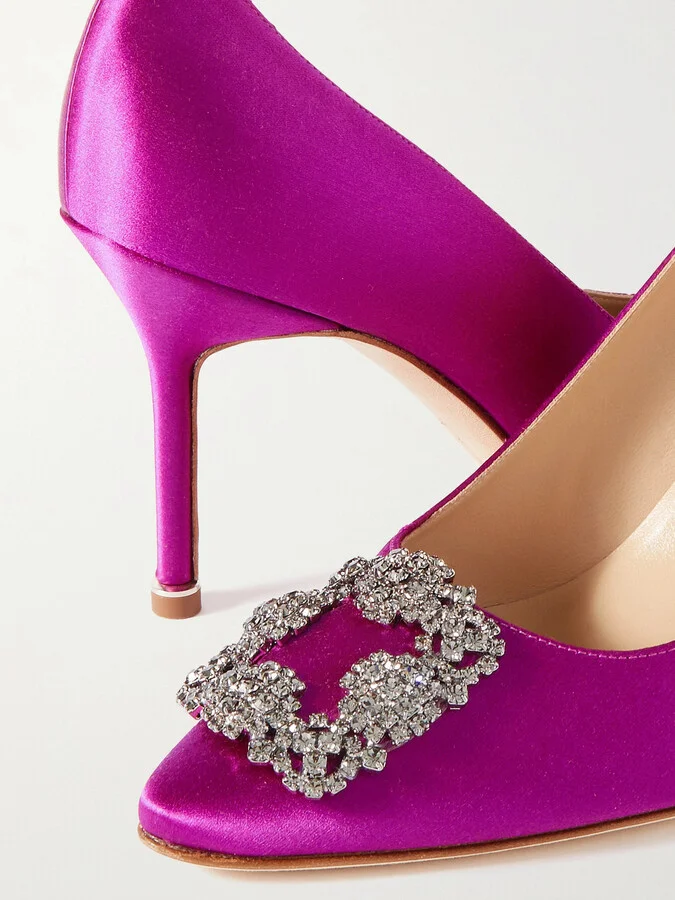 Manolo Blahnik - Hangisi 90 Crystal-embellished Satin Pumps - Purple - Image 4
