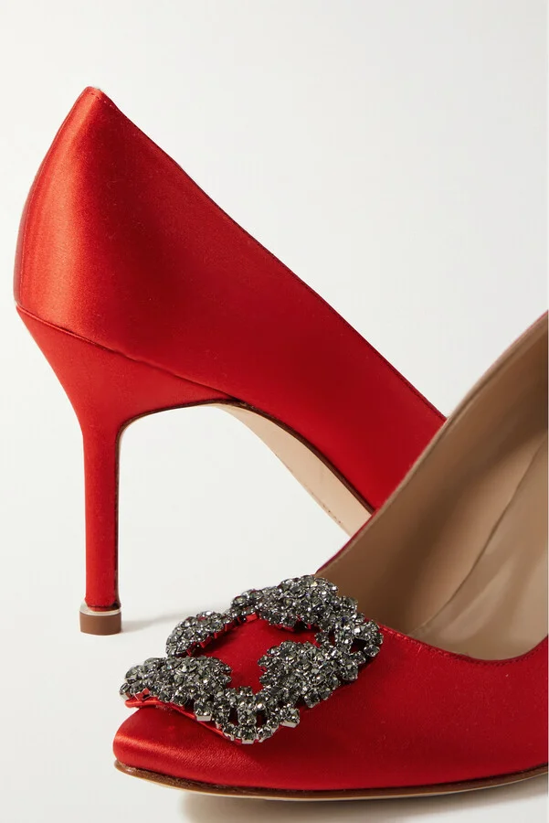 Manolo Blahnik - Hangisi 90 Crystal-embellished Satin Pumps - Red - Image 4