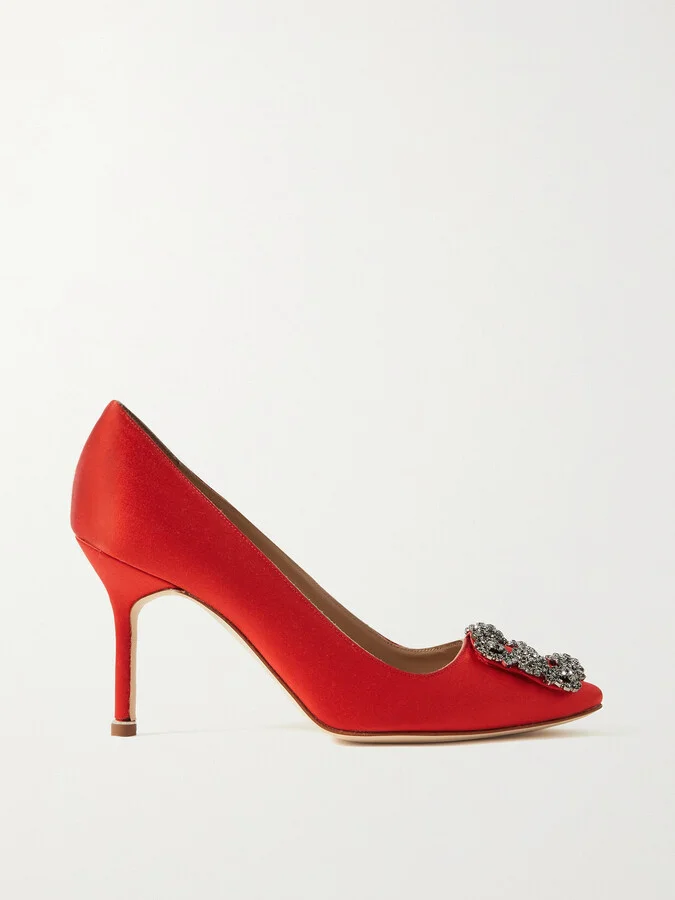 Manolo Blahnik - Hangisi 90 Crystal-embellished Satin Pumps - Red