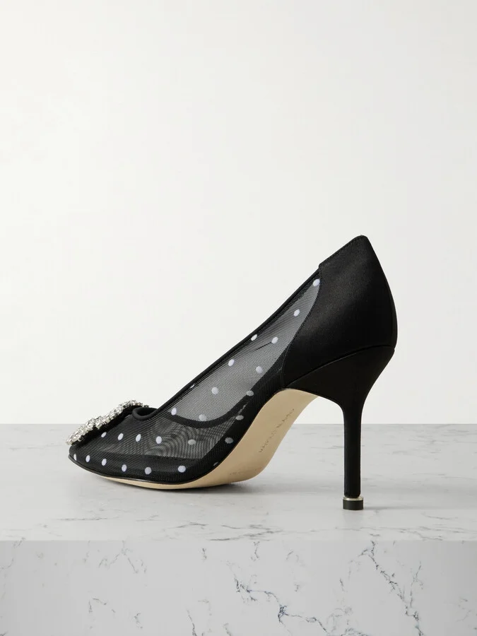 Manolo Blahnik - Hangisi 90 Satin-trimmed Crystal-embellished Flocked Mesh Pumps - Black - Image 3