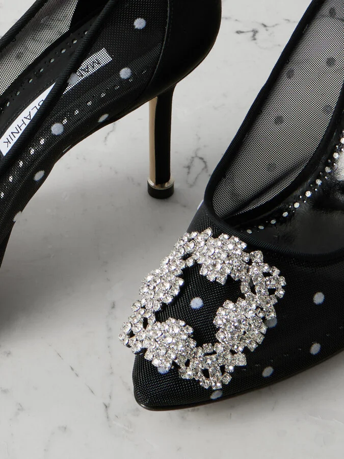 Manolo Blahnik - Hangisi 90 Satin-trimmed Crystal-embellished Flocked Mesh Pumps - Black - Image 4
