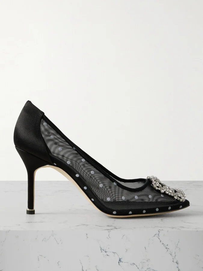 Manolo Blahnik - Hangisi 90 Satin-trimmed Crystal-embellished Flocked Mesh Pumps - Black