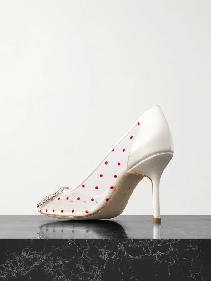 Manolo Blahnik - Hangisi 90 Satin-trimmed Crystal-embellished Flocked Mesh Pumps - White - Image 3