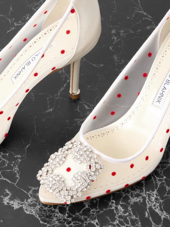 Manolo Blahnik - Hangisi 90 Satin-trimmed Crystal-embellished Flocked Mesh Pumps - White - Image 4