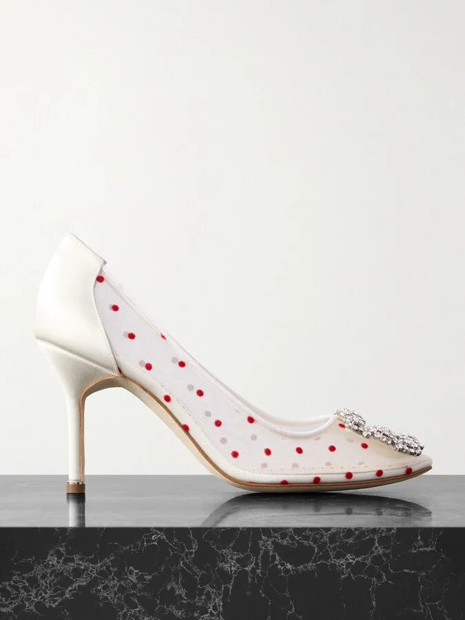 Manolo Blahnik - Hangisi 90 Satin-trimmed Crystal-embellished Flocked Mesh Pumps - White