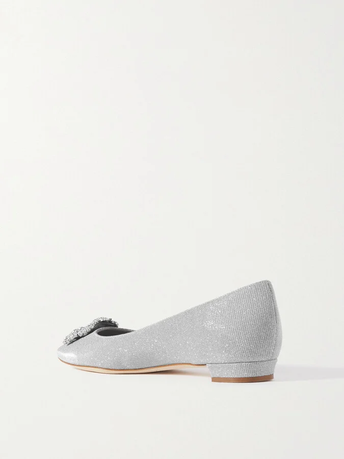 Manolo Blahnik - Hangisi Crystal-embellished Glittered Satin Point-toe Flats - Silver - Image 3