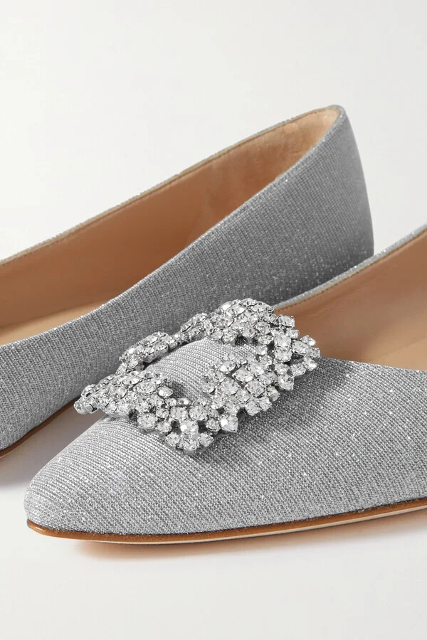 Manolo Blahnik - Hangisi Crystal-embellished Glittered Satin Point-toe Flats - Silver - Image 4