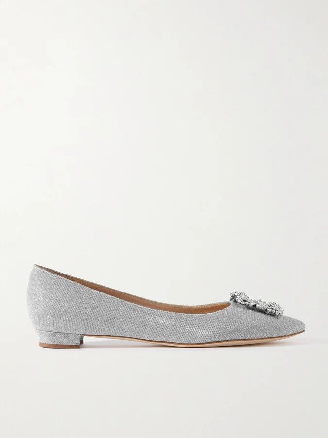 Manolo Blahnik - Hangisi Crystal-embellished Glittered Satin Point-toe Flats - Silver
