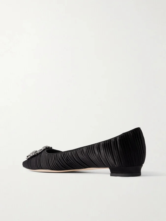 Manolo Blahnik - Hangisi Crystal-embellished Pleated Satin Point-toe Flats - Black - Image 3