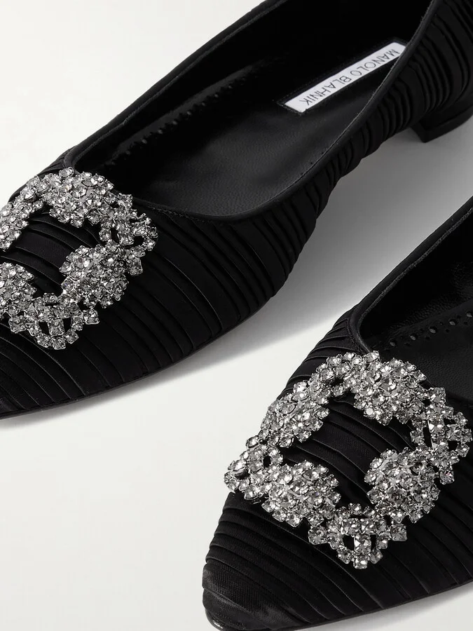Manolo Blahnik - Hangisi Crystal-embellished Pleated Satin Point-toe Flats - Black - Image 4