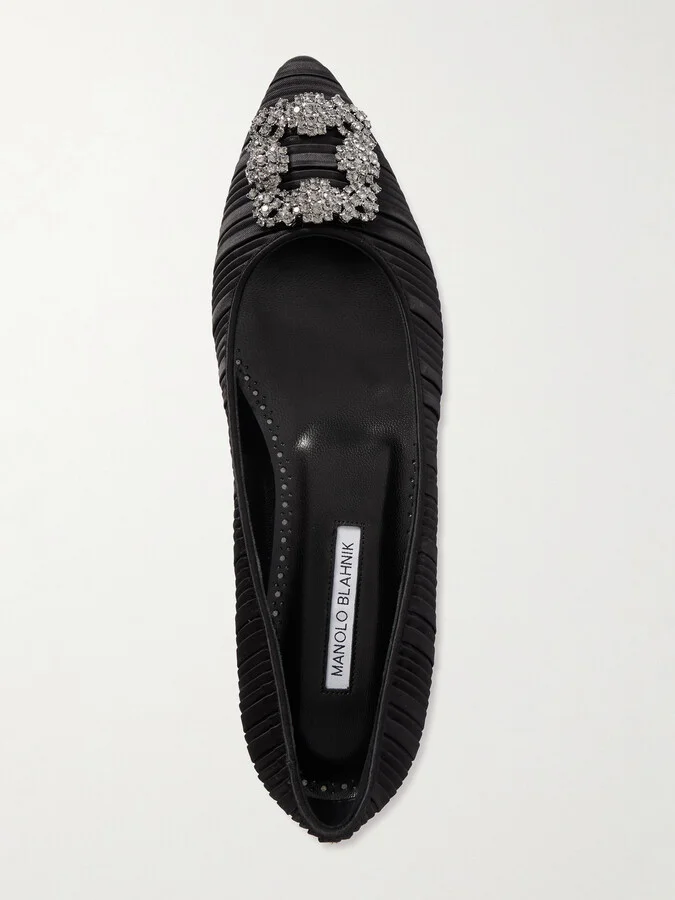 Manolo Blahnik - Hangisi Crystal-embellished Pleated Satin Point-toe Flats - Black - Image 5