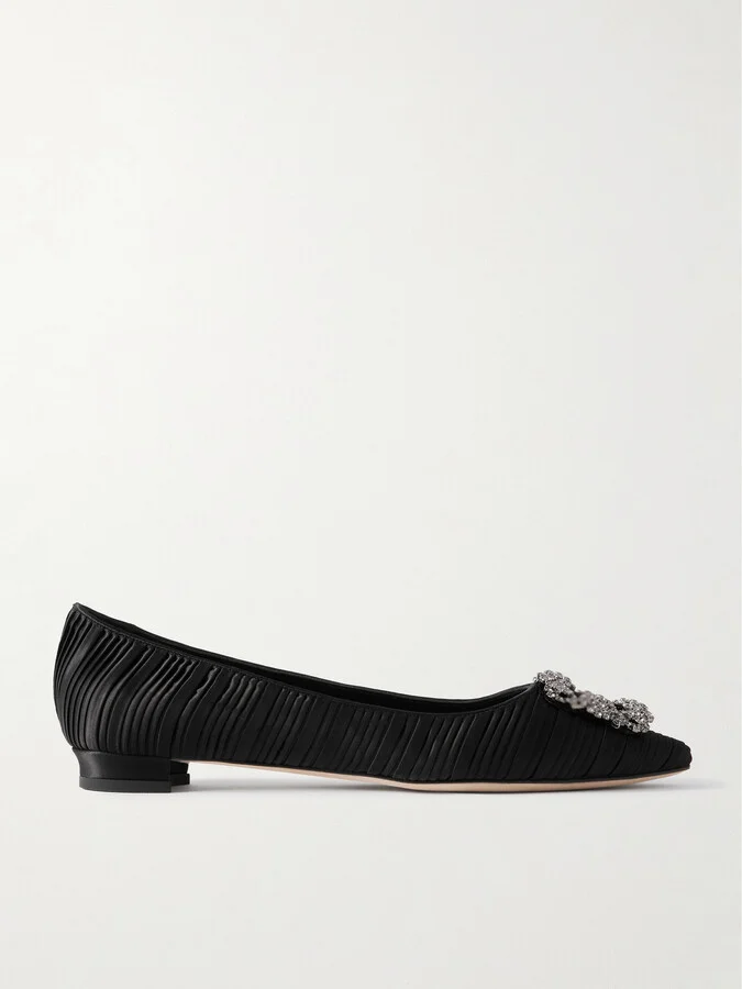 Manolo Blahnik - Hangisi Crystal-embellished Pleated Satin Point-toe Flats - Black