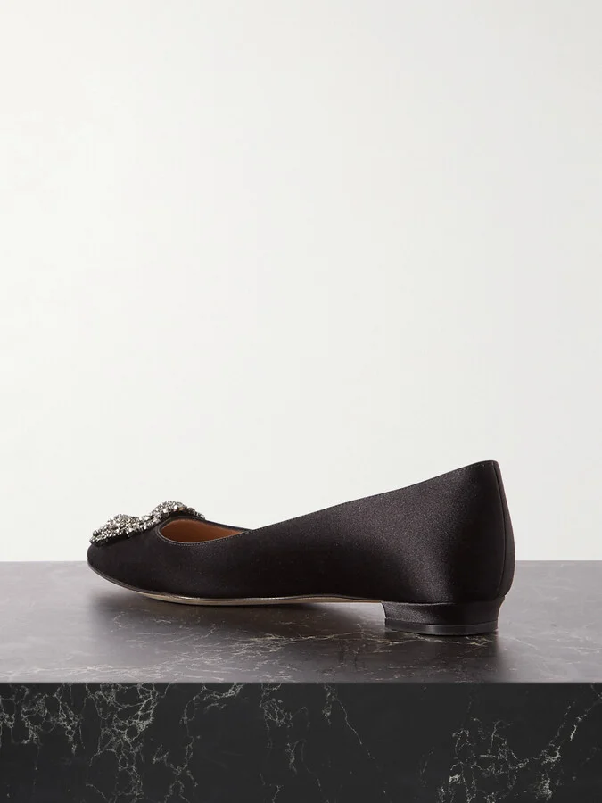 Manolo Blahnik - Hangisi Crystal-embellished Satin Point-toe Flats - Black - Image 3