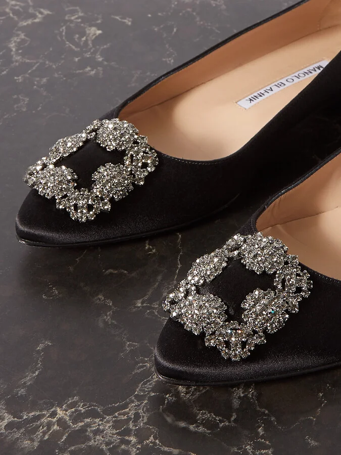 Manolo Blahnik - Hangisi Crystal-embellished Satin Point-toe Flats - Black - Image 4