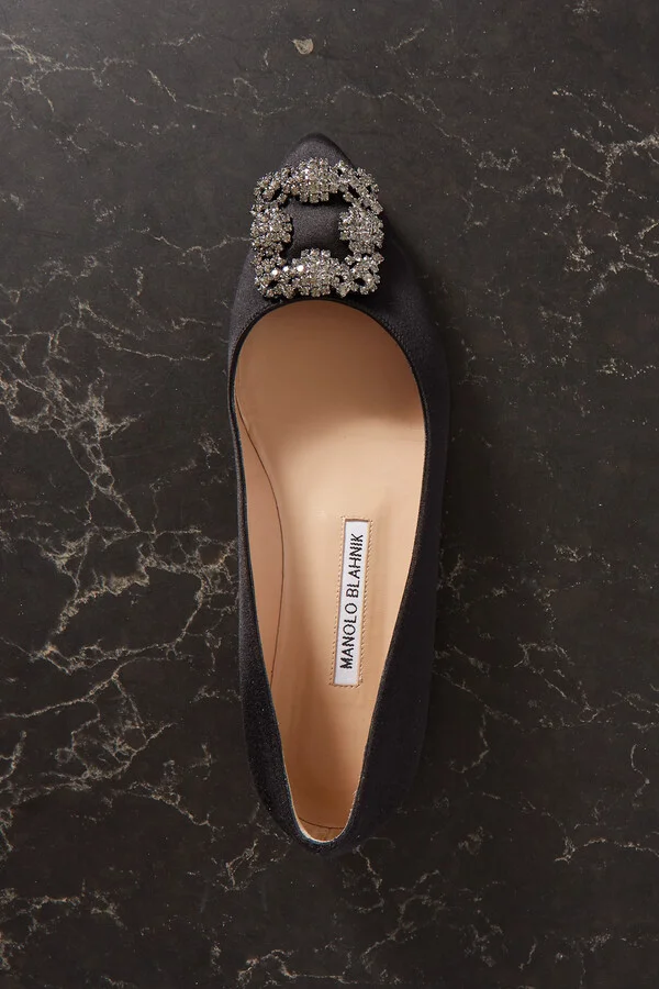 Manolo Blahnik - Hangisi Crystal-embellished Satin Point-toe Flats - Black - Image 5