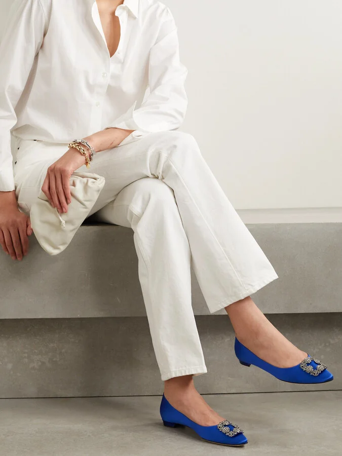 Manolo Blahnik - Hangisi Crystal-embellished Satin Point-toe Flats - Blue - Image 2
