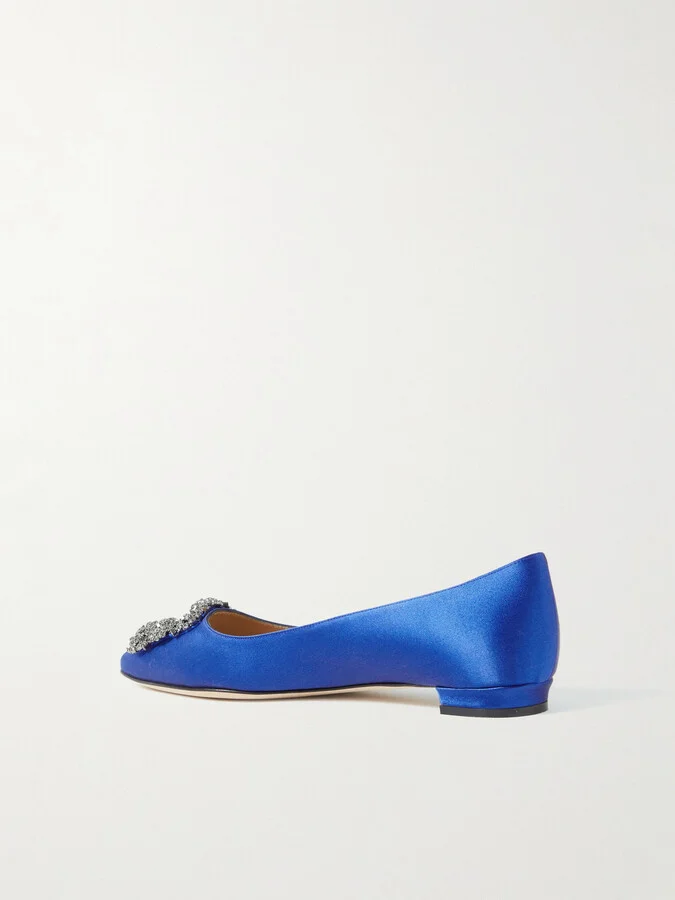 Manolo Blahnik - Hangisi Crystal-embellished Satin Point-toe Flats - Blue - Image 3