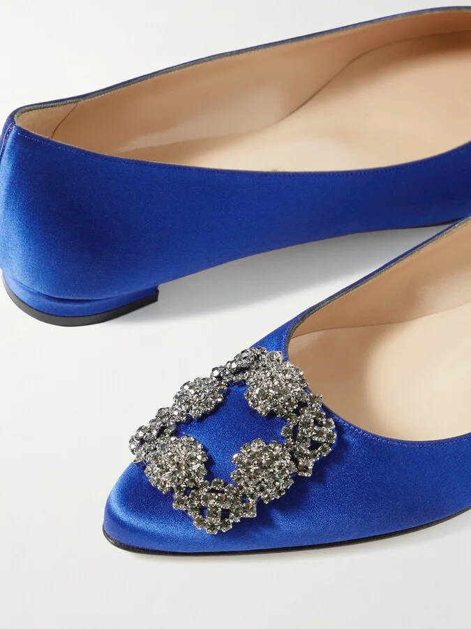 Manolo Blahnik - Hangisi Crystal-embellished Satin Point-toe Flats - Blue - Image 4