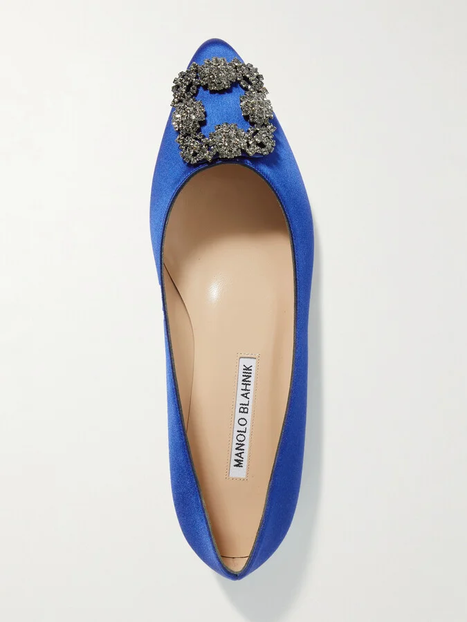 Manolo Blahnik - Hangisi Crystal-embellished Satin Point-toe Flats - Blue - Image 5