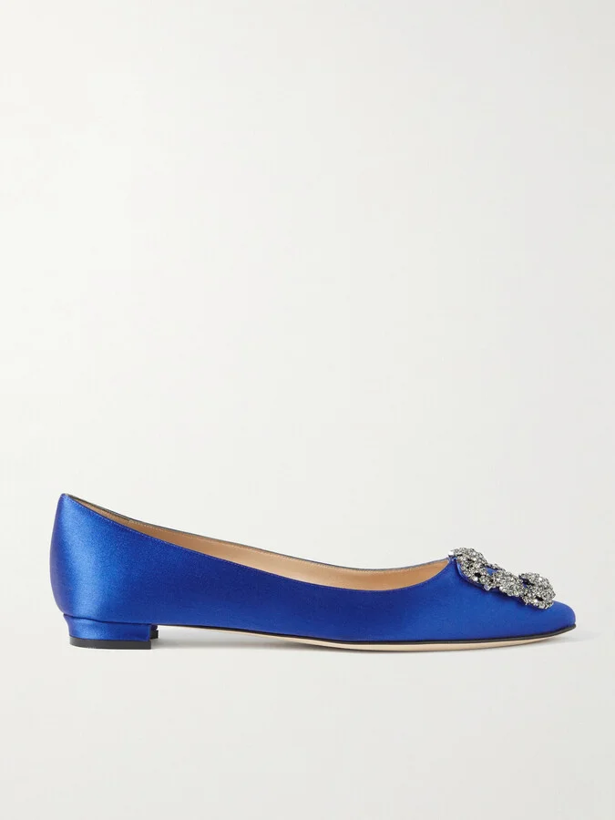 Manolo Blahnik - Hangisi Crystal-embellished Satin Point-toe Flats - Blue