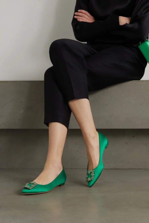 Manolo Blahnik - Hangisi Crystal-embellished Satin Point-toe Flats - Green - Image 2