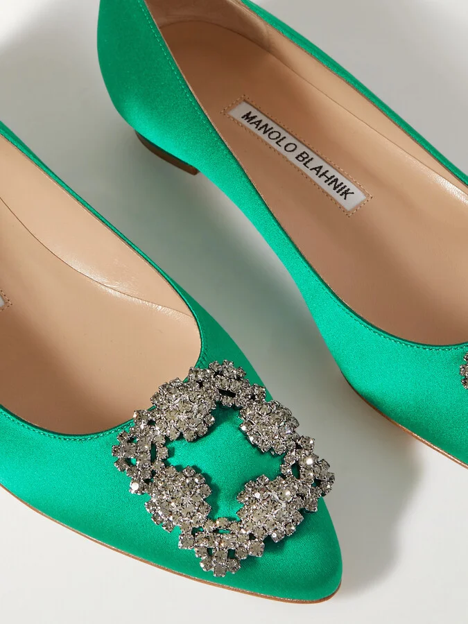 Manolo Blahnik - Hangisi Crystal-embellished Satin Point-toe Flats - Green - Image 4