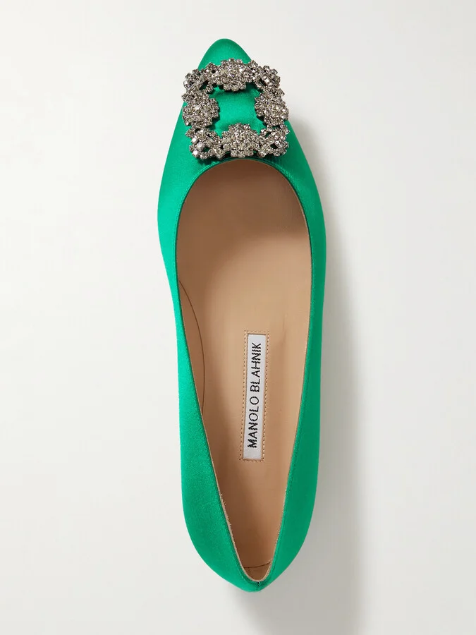 Manolo Blahnik - Hangisi Crystal-embellished Satin Point-toe Flats - Green - Image 5