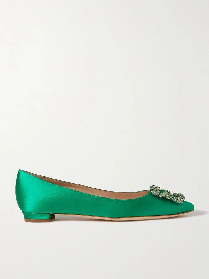 Manolo Blahnik - Hangisi Crystal-embellished Satin Point-toe Flats - Green