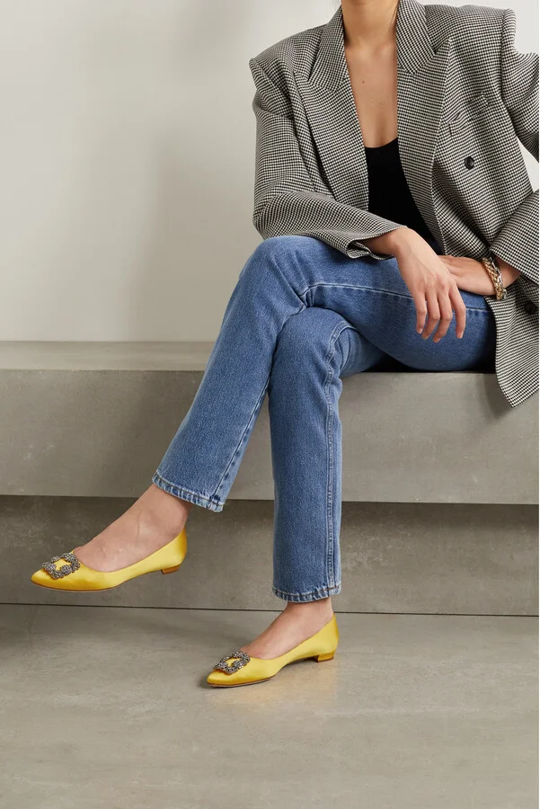 Manolo Blahnik - Hangisi Crystal-embellished Satin Point-toe Flats - Yellow - Image 2