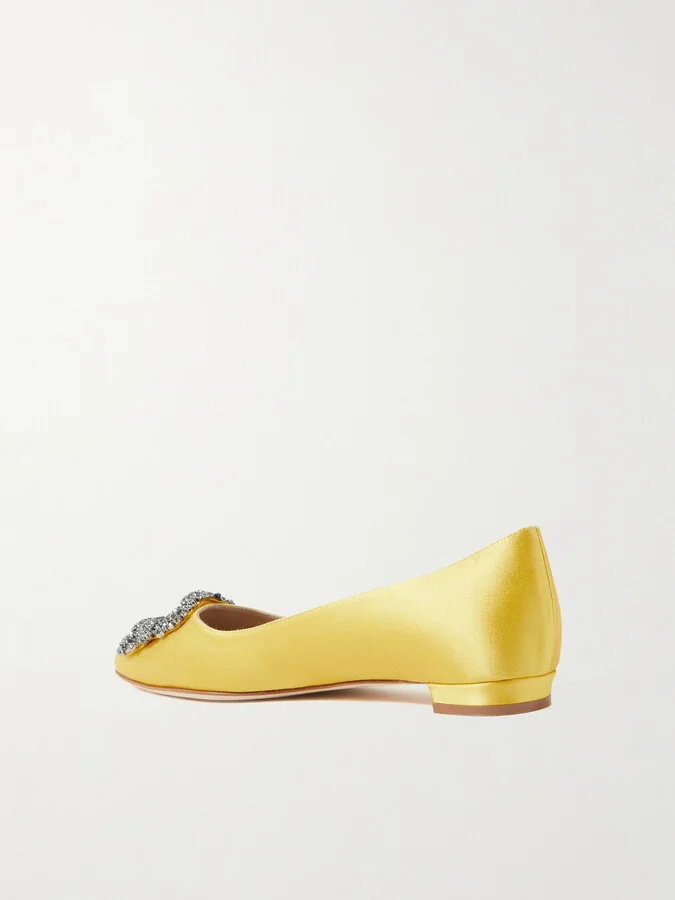 Manolo Blahnik - Hangisi Crystal-embellished Satin Point-toe Flats - Yellow - Image 3