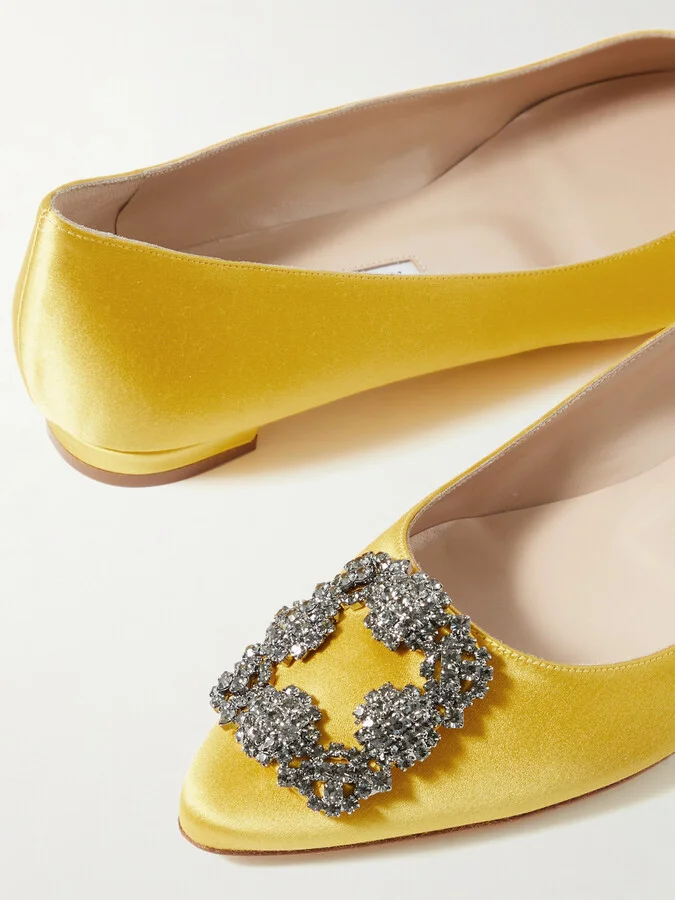 Manolo Blahnik - Hangisi Crystal-embellished Satin Point-toe Flats - Yellow - Image 4