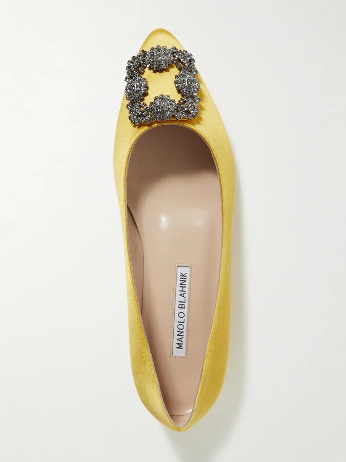 Manolo Blahnik - Hangisi Crystal-embellished Satin Point-toe Flats - Yellow - Image 5