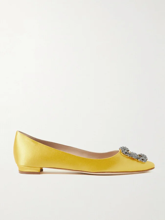 Manolo Blahnik - Hangisi Crystal-embellished Satin Point-toe Flats - Yellow