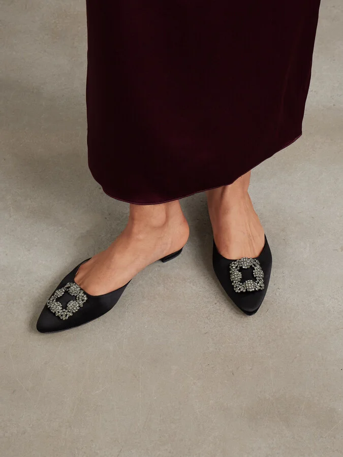 Manolo Blahnik - Hangisi Crystal-embellished Satin Slippers - Black - Image 2
