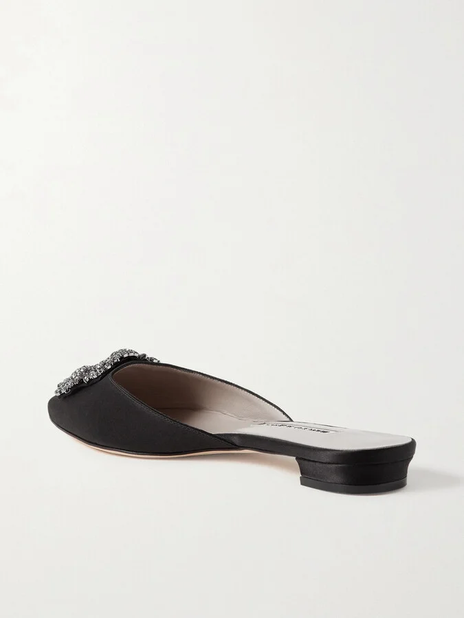 Manolo Blahnik - Hangisi Crystal-embellished Satin Slippers - Black - Image 3
