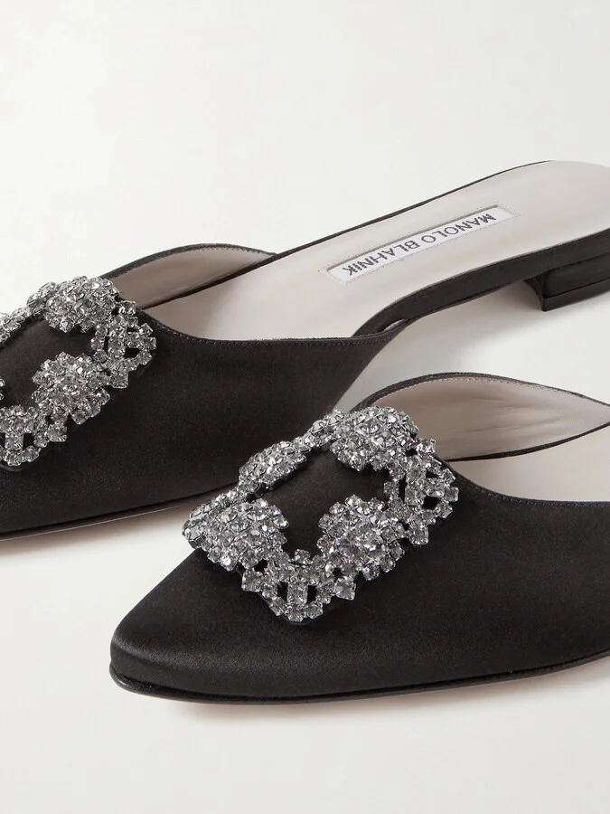 Manolo Blahnik - Hangisi Crystal-embellished Satin Slippers - Black - Image 4