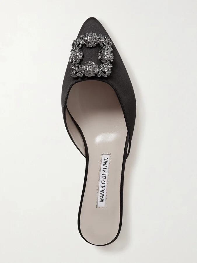 Manolo Blahnik - Hangisi Crystal-embellished Satin Slippers - Black - Image 5