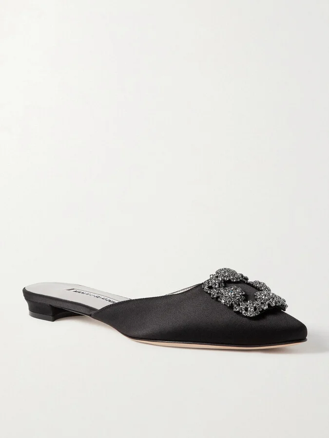 Manolo Blahnik - Hangisi Crystal-embellished Satin Slippers - Black