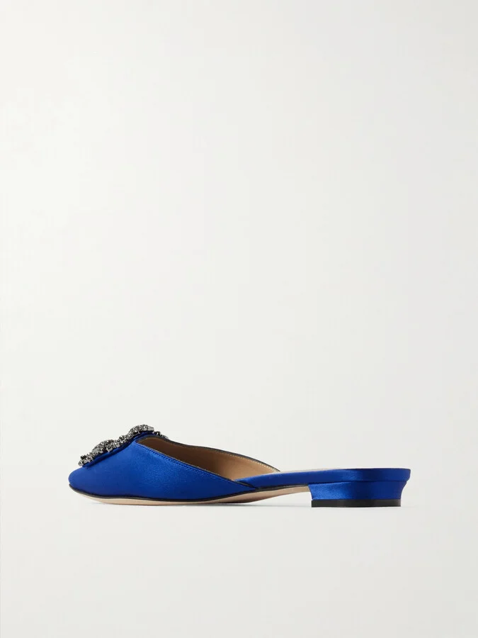 Manolo Blahnik - Hangisi Crystal-embellished Satin Slippers - Blue - Image 3
