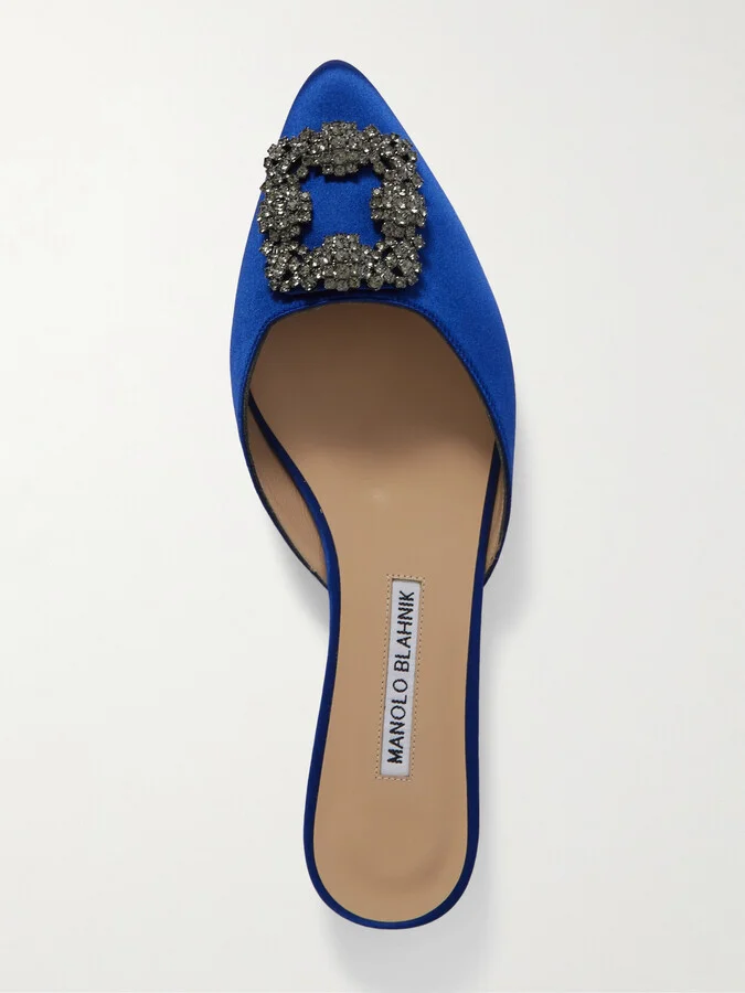 Manolo Blahnik - Hangisi Crystal-embellished Satin Slippers - Blue - Image 5
