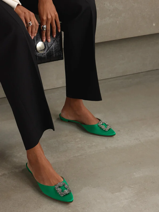Manolo Blahnik - Hangisi Crystal-embellished Satin Slippers - Green - Image 2