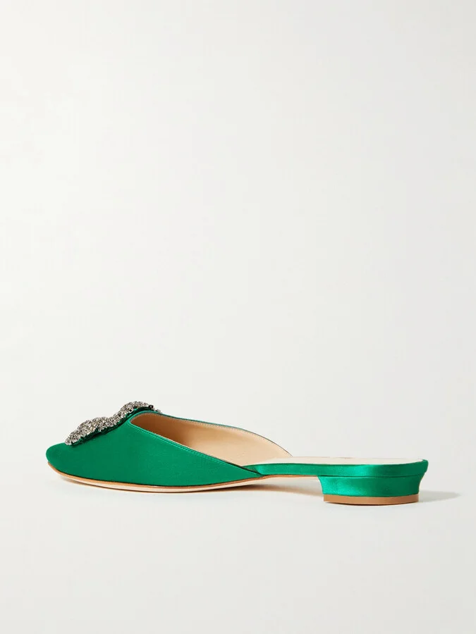Manolo Blahnik - Hangisi Crystal-embellished Satin Slippers - Green - Image 3