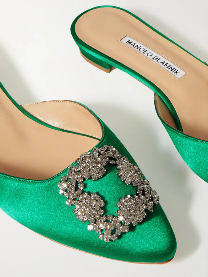 Manolo Blahnik - Hangisi Crystal-embellished Satin Slippers - Green - Image 4
