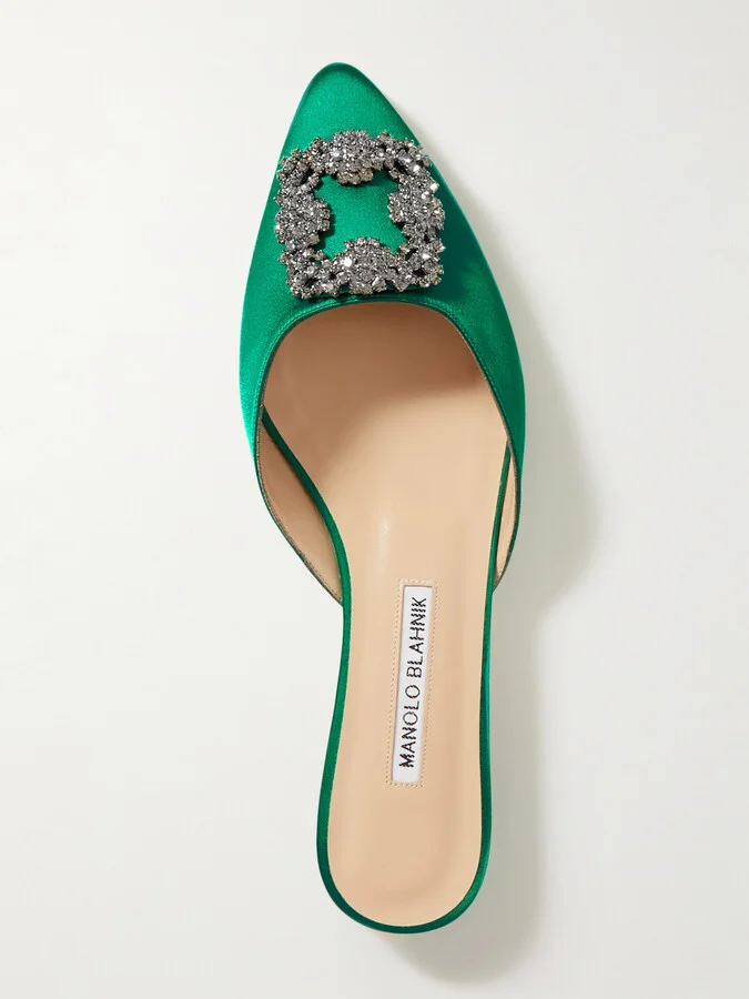 Manolo Blahnik - Hangisi Crystal-embellished Satin Slippers - Green - Image 5