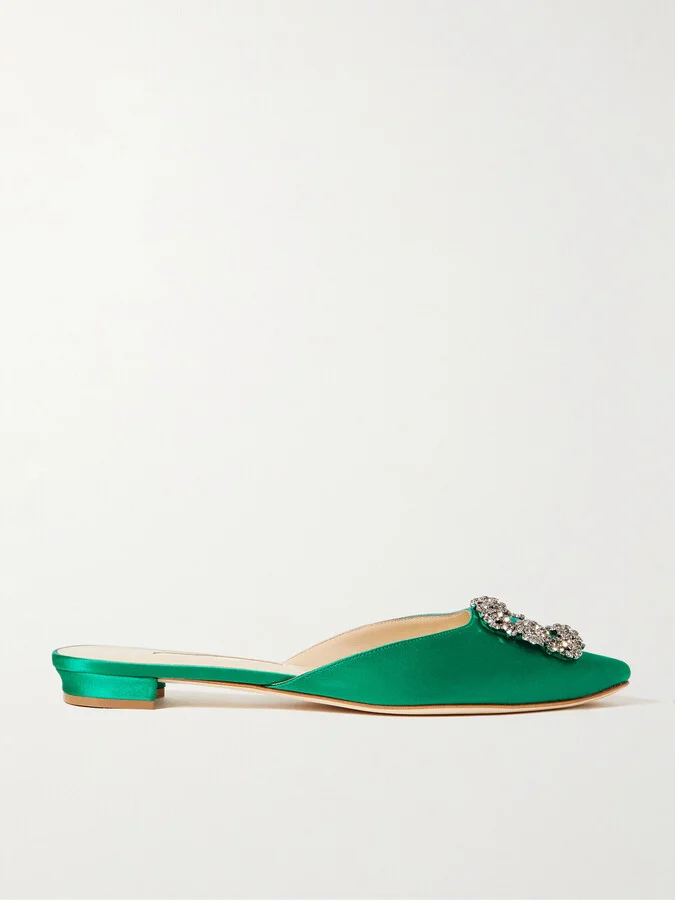 Manolo Blahnik - Hangisi Crystal-embellished Satin Slippers - Green