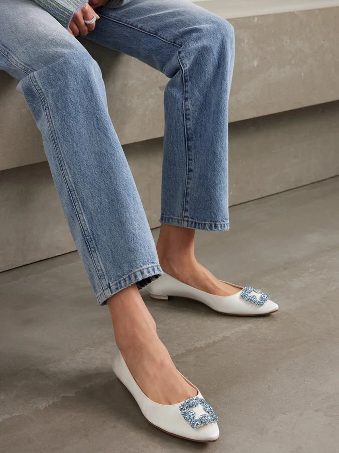 Manolo Blahnik - Hangisiflat Crystal-embellished Satin Point-toe Flats - White - Image 2