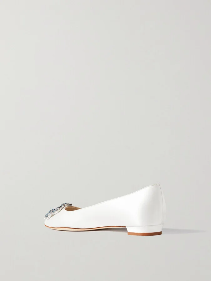 Manolo Blahnik - Hangisiflat Crystal-embellished Satin Point-toe Flats - White - Image 3